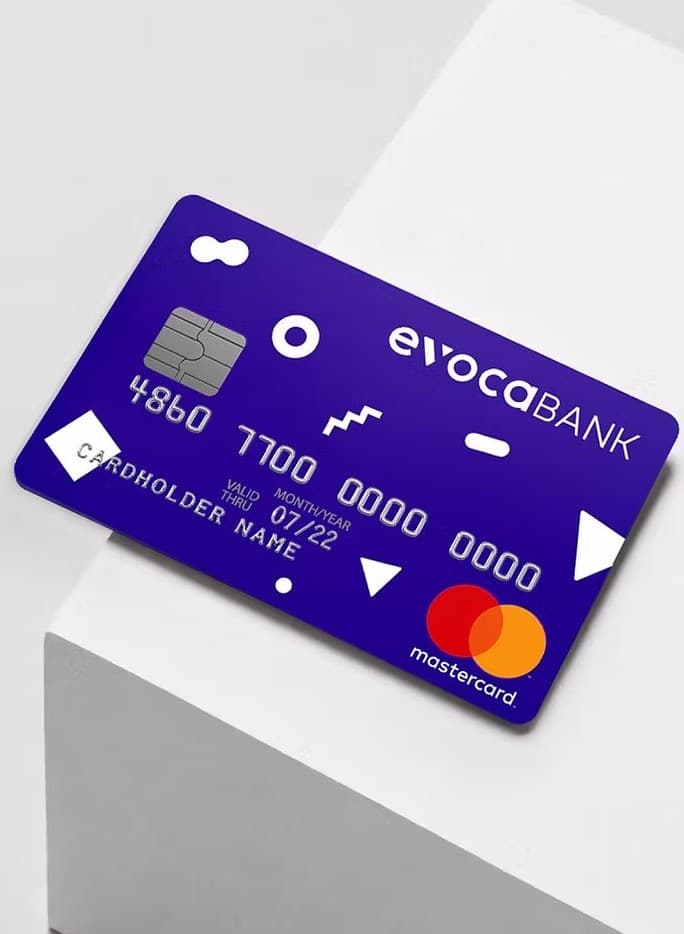 Evocabank payment card in the bank's violet identity
