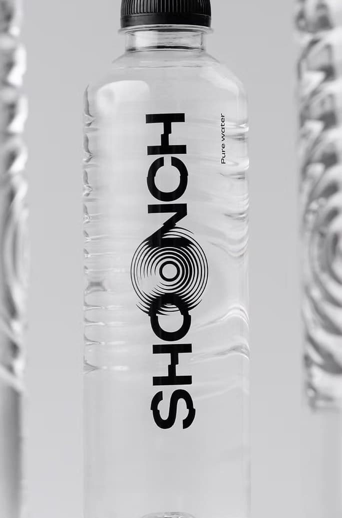 Shoonch still water bottle with a black wordmark