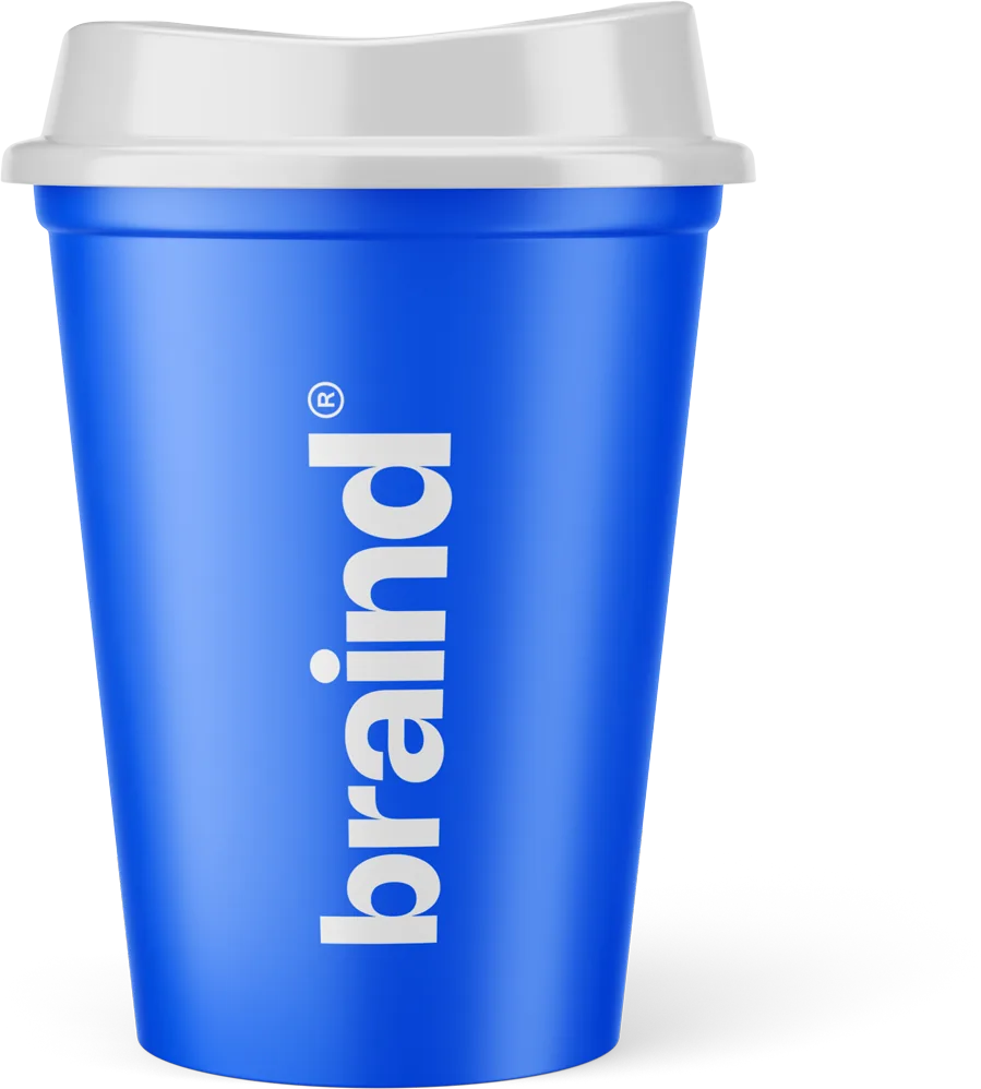 Blue takeaway cup with a vertical white braind® wordmark