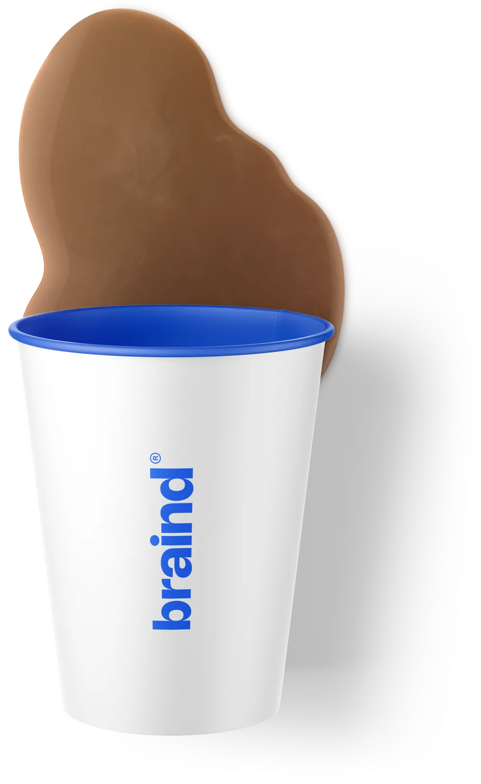 White cup with a blue rim and vertical blue wordmark, with coffee splashing above it