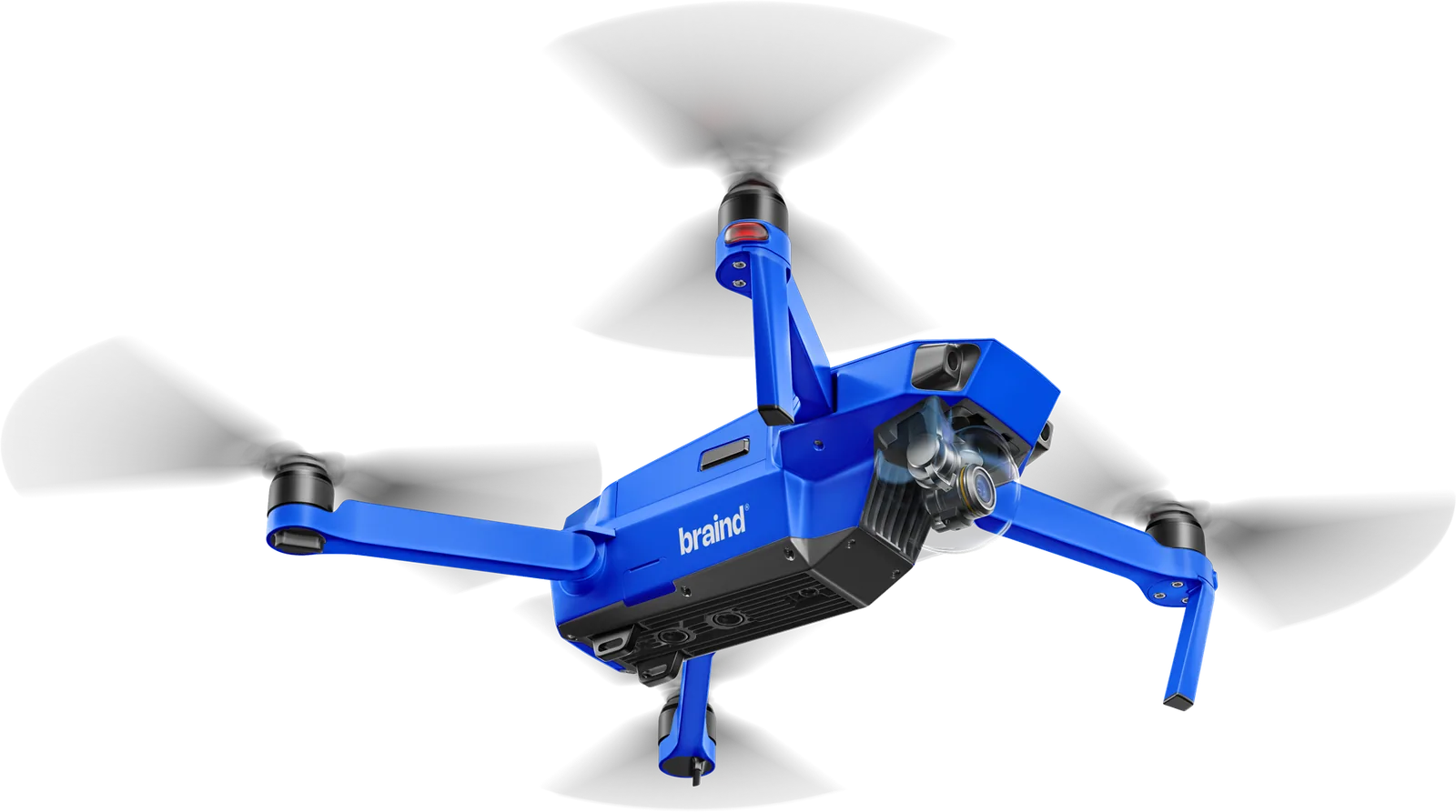 Blue camera drone with a small braind wordmark