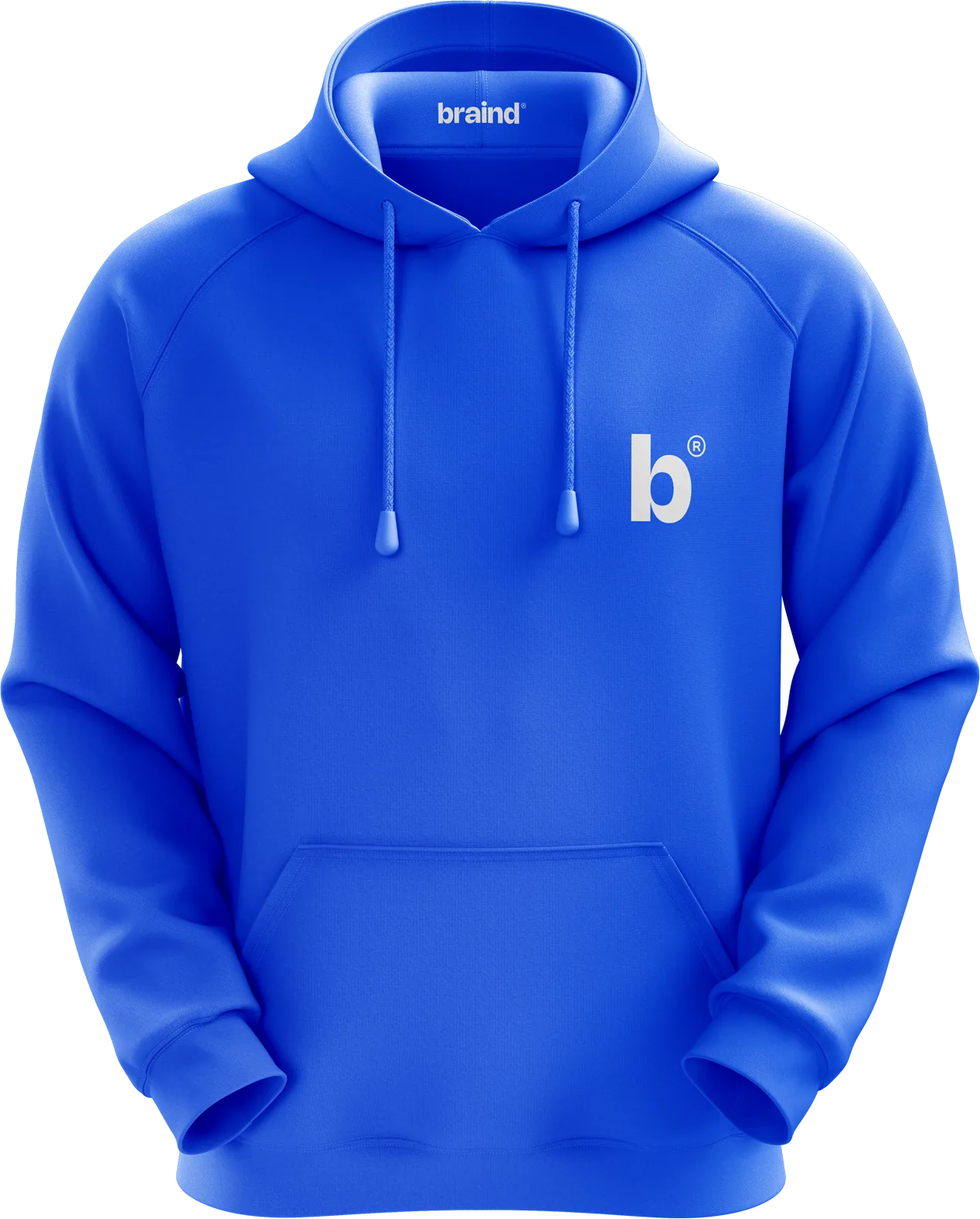 Braind Blue hoodie with a small white b® symbol on the chest