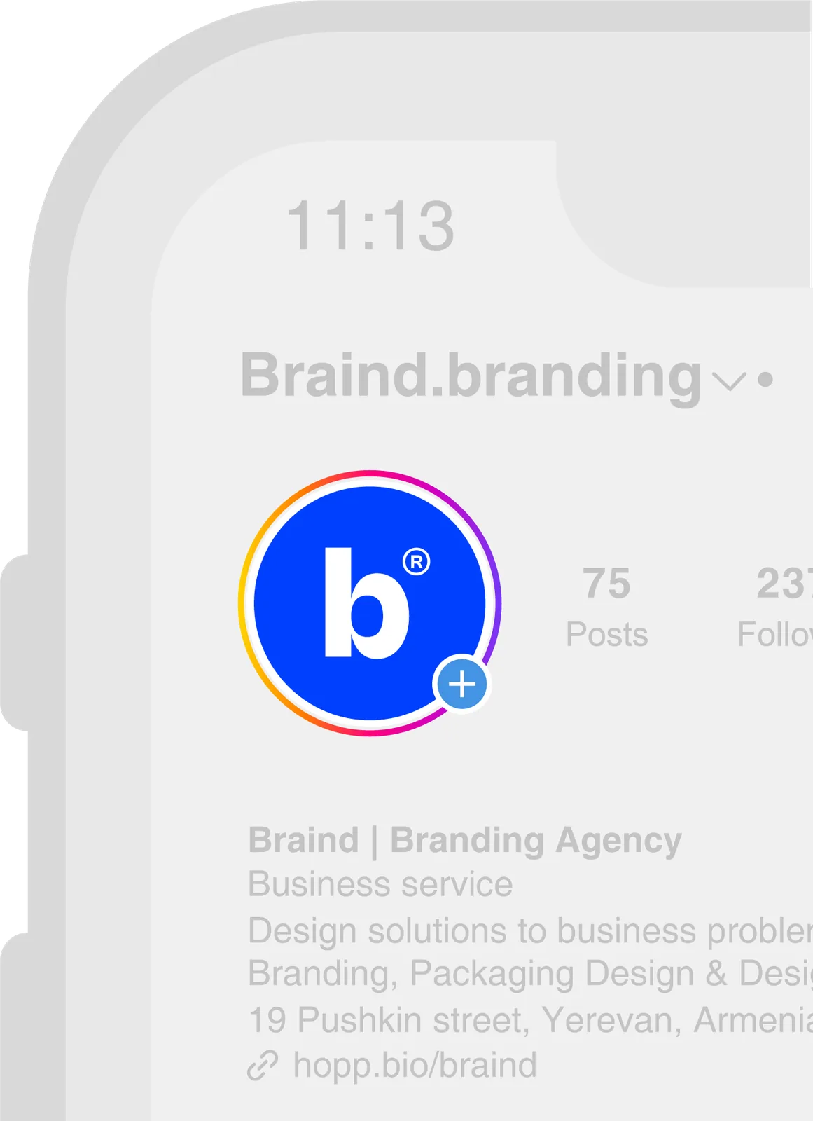 Instagram profile Braind.branding with the b® profile picture, business category and bio