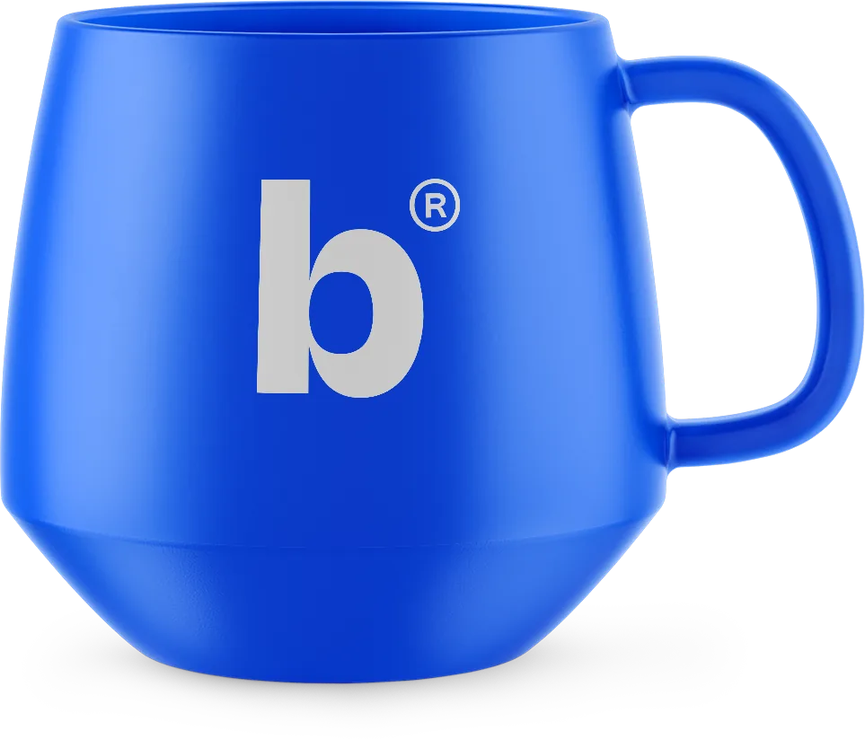 Braind Blue mug with a white b® symbol