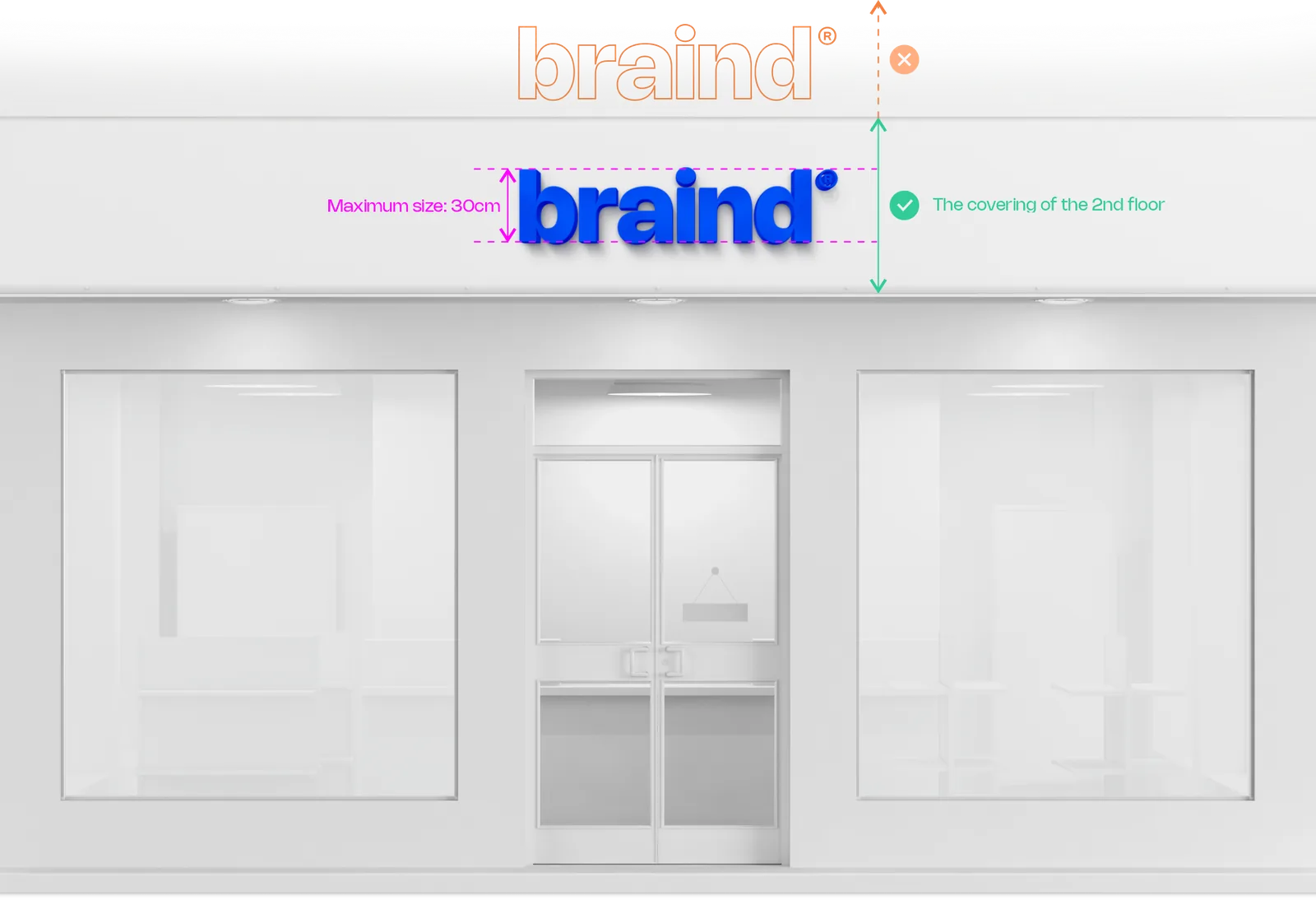 Façade diagram: the wordmark sits on the second-floor covering at a maximum height of 30cm; a sign above the covering is crossed out
