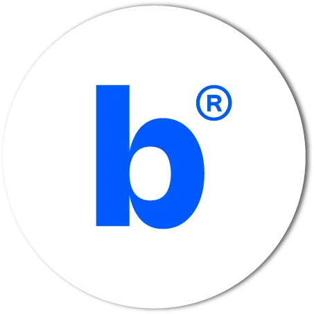 Round white sticker with the blue b® symbol
