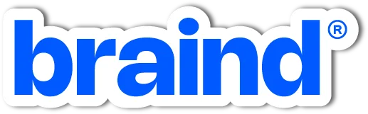 Die-cut sticker of the blue braind® wordmark with a white border