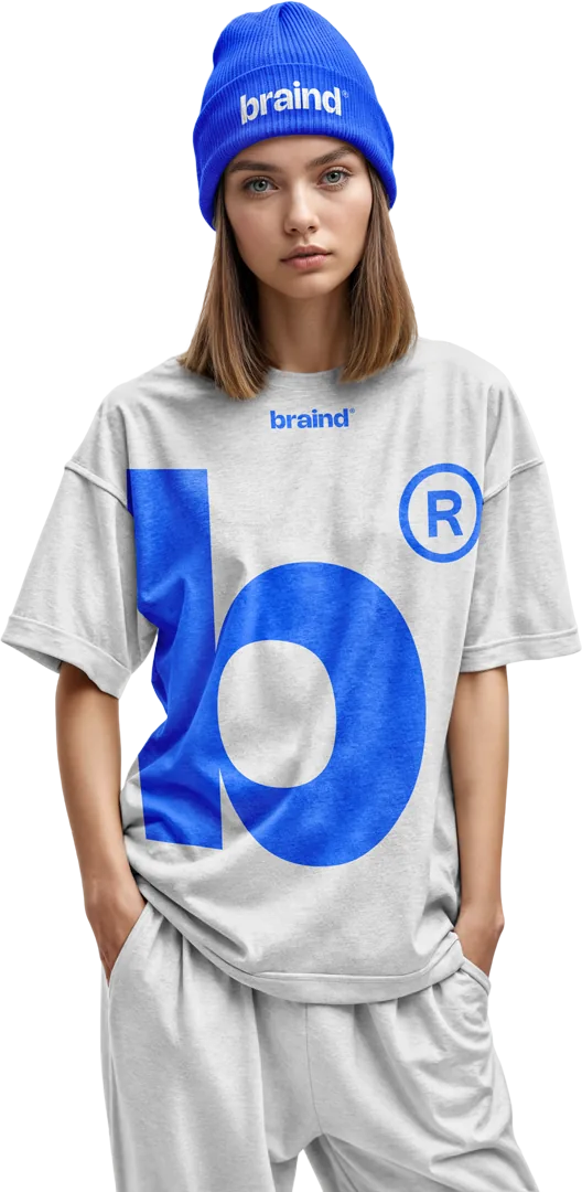 Model in a grey T-shirt with a large blue b® symbol and a blue braind beanie