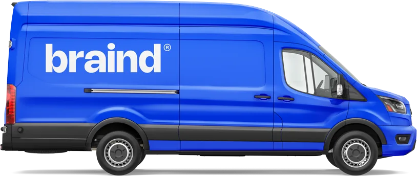 Braind Blue van with a large white braind® wordmark on the side